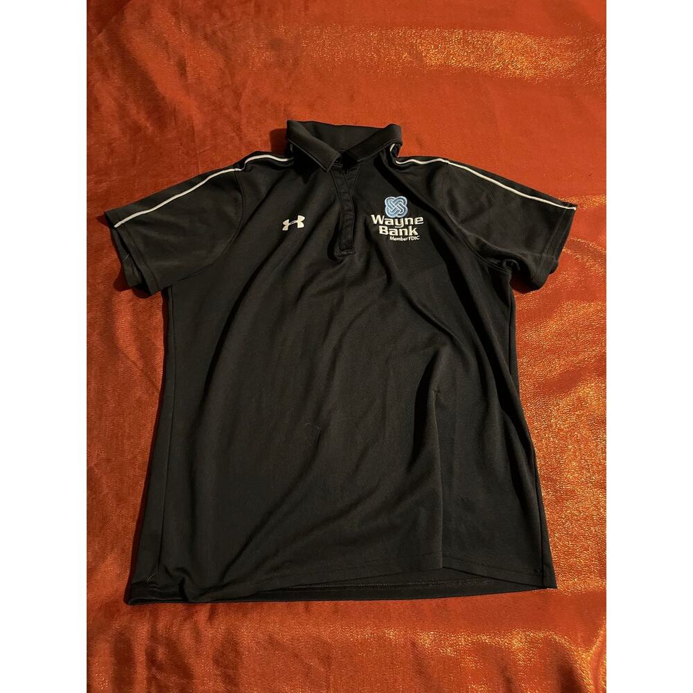 Under Armour Polo Shirt Mens L Wayne Bank Embroidered Logo Black Short Sleeve